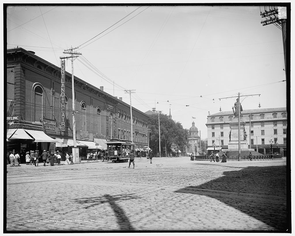 Historic street scene in Monument Square, Portland, Maine, circa 1900